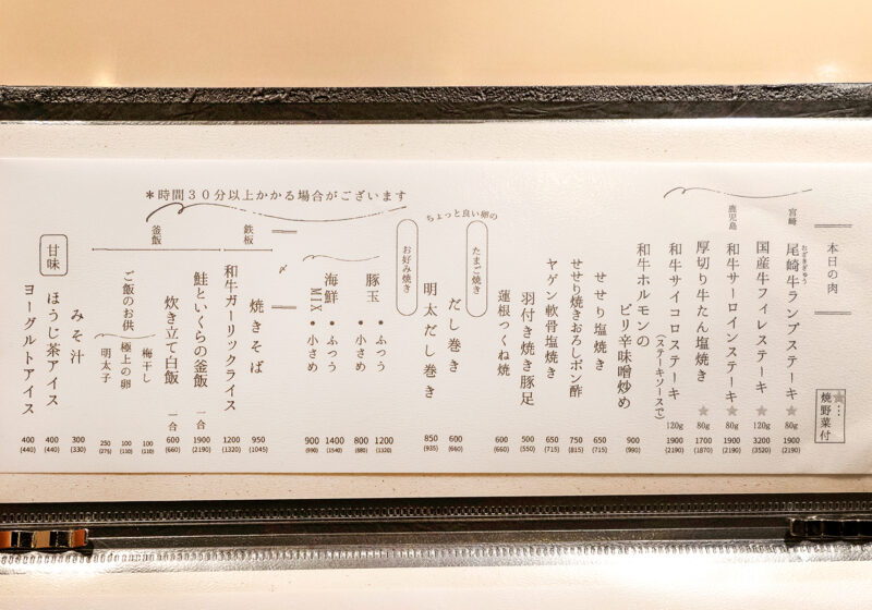大名　ながしめ　メニュー